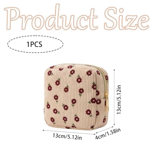 Livzikaroa Small Make Up Bag for Handbag, Red Floral Corduroy Cosmetic Pouch with Metal Zip, 13 X 13 X 4 Cm, 40 G Travel Toiletry and Sanitary Pad Holder for Women — view 2