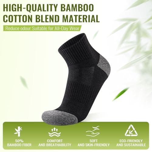 SukModen Compression Ankle Support Running Socks Men Women, 3 Pairs Quarter Bamboo Breathable Trainer Socks, Wicking Plantar Fasciitis Relief, Athletic for Sports Tennis Black Grey, 9-11 — view 3