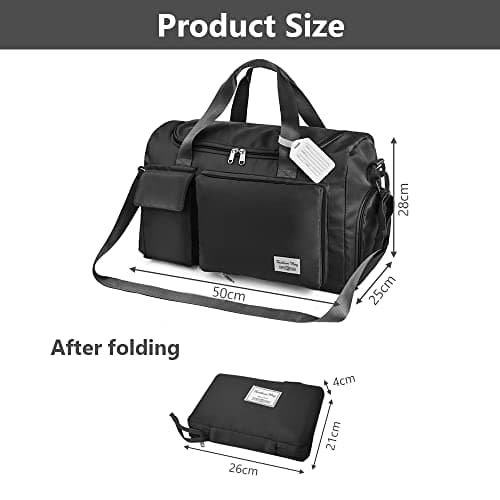Lightweight Travel Gym Duffel - Foldable Overnight Holdall Bag for Women with Wet/Dry Separation - Cabin Bag for Sports & Travel - Black — view 3