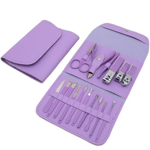 Manicure Set 16Pcs Nail Clippers Set Manicure Kit, Professional Stainless Steel Pedicure Kit with Luxurious Travel Leather Case, Nail Clippers for Women Men, for Home, Travel (Purple)