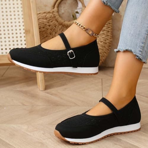 Women's Vintage Perforated Mary Jane Sneakers Chic Buckle Loafers Breathable Walking Shoes for Travel and Weekend Trips Black — view 3