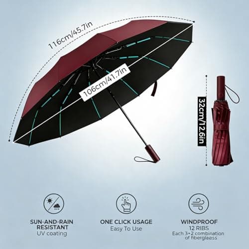 NAYEZH ﻿ Umbrella Windproof Travel Umbrella for Rain, Auto Open Close, 12 Ribs 3+2 Fiberglass Frame, Durable Compact Portable Umbrella for Daily Use (Burgundy) ﻿ — view 2