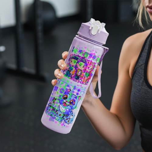 Metaparty 750ML/25OZ Korean Pop Water Bottle with Straw, Kids Water Bottle for Girls with Cartoon Print, Leak-Resistant Drinks Bottle with Handle for School Travel Camping (Purple) — view 2
