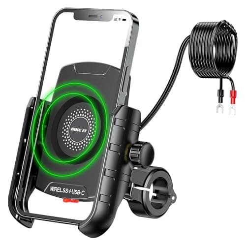 BIKE IT Compact Motorcycle Mobile Phone Wireless Charger Holder, USB-C, Universal Phone Fitment, IP66 Waterproof, 360-Degree Rotation, 15W Quick Charge, Motorbike Scooter Cellular Mount