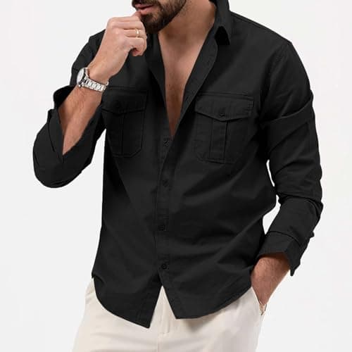 BiCophy Mens Long Sleeve Sun Protection Safari Shirts Casual Slim Fit Tactical Cargo Work Shirts Outdoor Lightweight Button Down Hiking Travel Camping Shirts Black — view 3