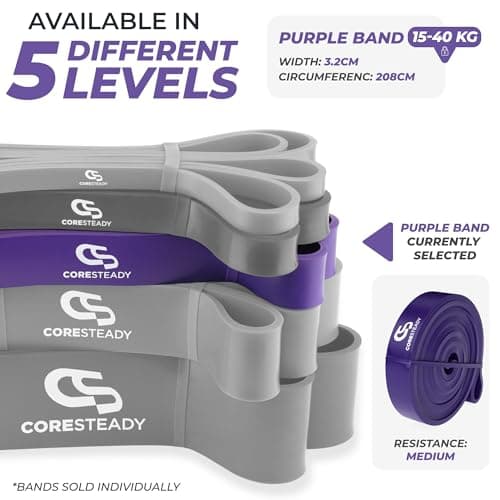 Coresteady Pull Up Bands & Resistance Bands - Rubber Heavy Duty Elastic Loop Band for Men & Women - Build Fit Power & Muscle - Training, Fitness Assist Pull Ups & Gym Exercise - Purple, 15-40kg — view 3