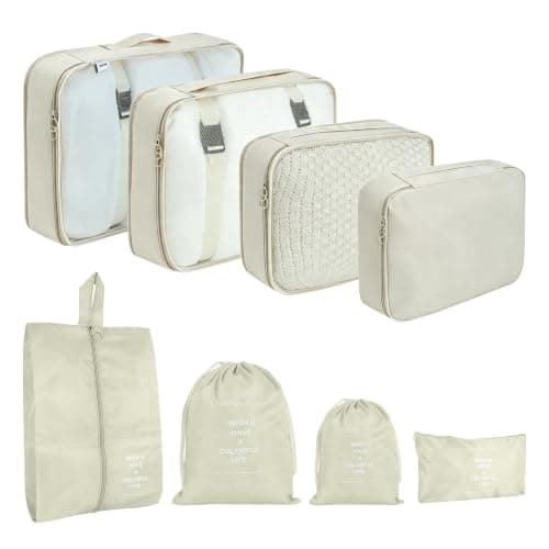 Hittriu 8 Pack Waterproof Packing Cubes for Suitcase, Lightweight Travel Packing Organiser Bags for Clothes Shoes Toiletries, Durable Machine Washable Travel Storage Bag (Off-white)