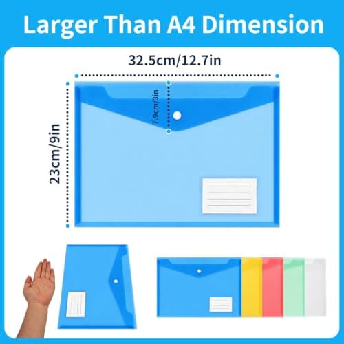10 Pack A4 Folders with Snap Button and Label Pocket, 18C Thick Plastic Document Envelopes Waterproof, Assorted Colours Transparent File for School Office Travel — view 2
