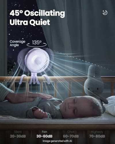 gaiatop Oscillating Baby Stroller Fan with LED Lights, Rechargeable Purple — view 4