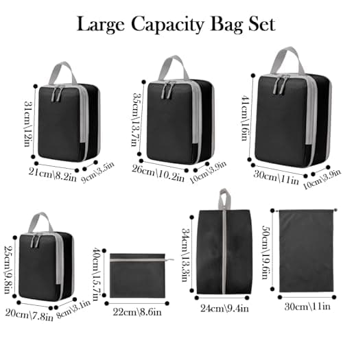 Compression Packing Cubes, 7-Piece Set - Waterproof Travel Organiser Bags for Clothes,Cosmetics, Shoes & Toiletries, Space-Saving Luggage Packing Essentials for Suitcases & Backpacks (Black) — view 2