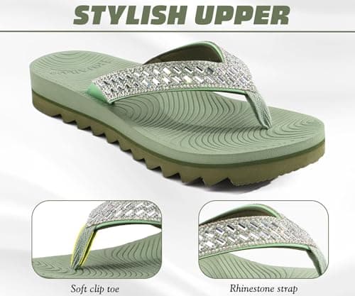 KuaiLu Womens Orthopedic Flip Flops with Arch Support Yoga Mat Cushion Fashion Rhinestone Sandals Summer Walking Beach Travel Thong Slides Comfy Plantar Fasciitis Indoor Outdoor Sandles Green 6.5 — view 4