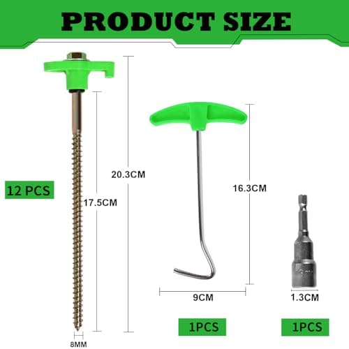 OFFOF 12 Pack Heavy Duty Metal Tent Pegs – Rotating Rock Pegs with Thread, Ground Anchors for Camping, Includes Drill Adapter & Nail Puller, Durable Steel Stakes for Garden, Canopies & Outdoor(green) — view 5
