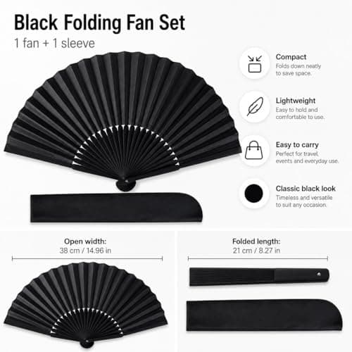 Qabonl Black Folding Hand Fan with Protective Sleeve, Classic All-Black Foldable Fan, Compact Portable Handheld Fan for Parties, Travel, Events and Everyday Use — view 3