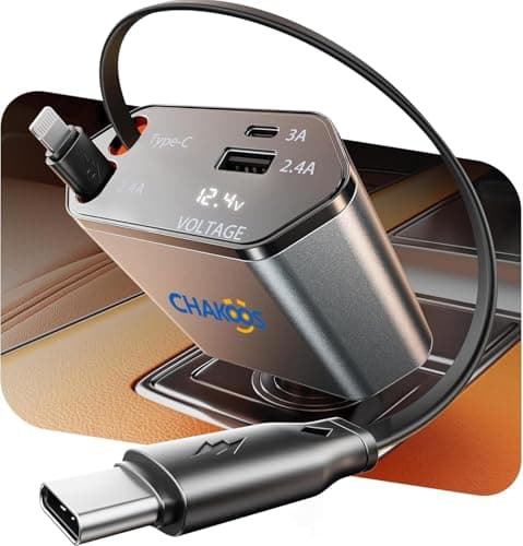 Chakoos Retractable Car Charger 120W, 4 in 1 Fast Car Phone Charger with Dual Retractable Cables (Lightning & USB-C), 12V/24V Multi Port Car Adapter with Voltage Display for iPhone, Android