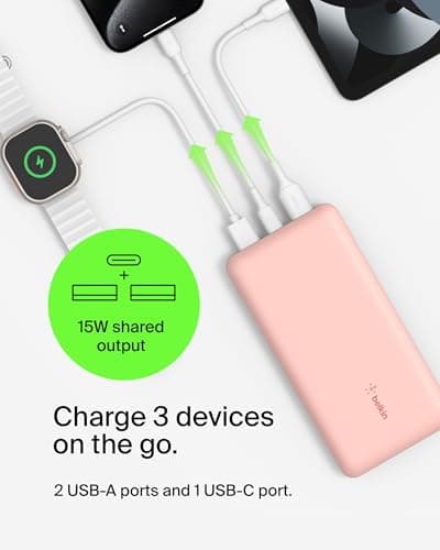 Belkin USB C Portable Charger 20000mAh, 20K Power Bank with USB Type C Input Output Port and 2 USB A Ports with Included USB C to A Cable for iPhone, Galaxy, Pixel, iPad, AirPods and More – Rose Gold — view 2
