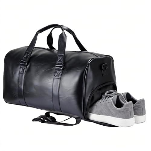 Travel Duffel Bag with Shoe Compartment, 35L Faux Leather Weekender Overnight Bag, Compact Carry On Travel Tote Gym Bag for Men and Women, Waterproof, Black Duffel Bag