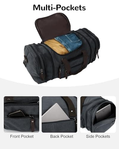 Outplea 40L Canvas Holdall for Men, Expandable Travel Duffle Bag, Vintage Weekend Bag Hand Luggage for Overnight Hospital Holiday, Black — view 3