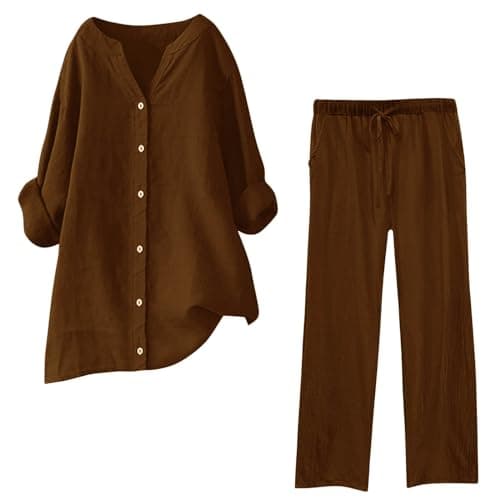 EMUKFD Co Ords Sets for Women Uk Linen 2 Piece Outfit Airport Travel Lightweight Co Ord Sets Summer Loungewear Solid Long Sleeve Button Up Shirts Wide Leg Trousers Leisure Beach Set Yoga Jogging Suit — view 2