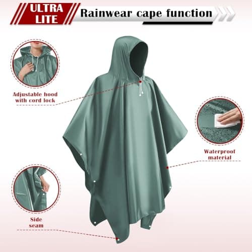CHGANG Waterproof Poncho Adult, Reusable Rain Poncho Lightweight Waterproof Raincoat Emergency with Hood for Outdoor Hiking Camping Cycling Traveling (Green) — view 2