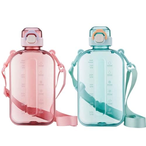 ZOYDP 2 PCS Sports Water Bottle 750ml, Flat Drinks Bottle With Adjustable Strap, Gym Water Bottle, Travel water Bottles,Leakproof water Bottles for Travel, Hiking, Camp, Picnic (Cyan+Pink)