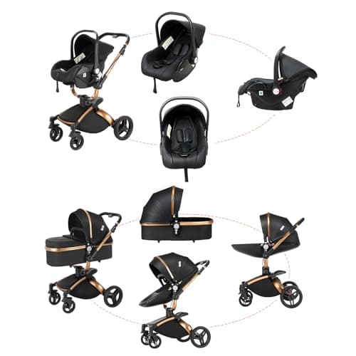 Magic ZC PU Leather 3 in 1 Pushchair Pram Travel System, Baby Stroller 3 in 1 with 360° Rotatable Seat, Newborn Infant Buggy with Aluminum Frame, Toddler Carriage with One-Click Folding (906 Brown-1) — view 5