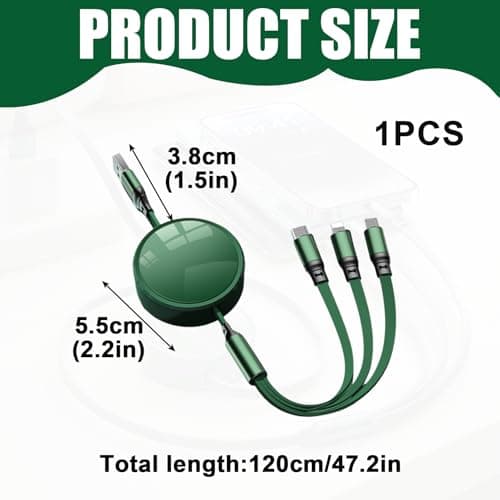 1.2m 100W Retractable Multi Charger Cable 3 in 1, Travel Charger Cable with Fast Charging USB C Port, 6A Charging Cables for Multiple Devices with iPhone Android MacBook, Green Tangle-Free Cord — view 2