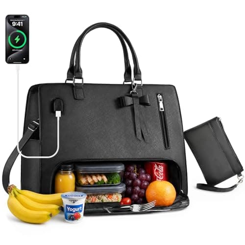 Tiostep 2-in-1 Lunch Tote Cooler Bag for Women — Laptop Bag & Insulated Lunch Compartment, Detachable Wristlet Wallet, Fits 15.6-Inch Laptop, Perfect for Work, Picnic & Travel (Black)