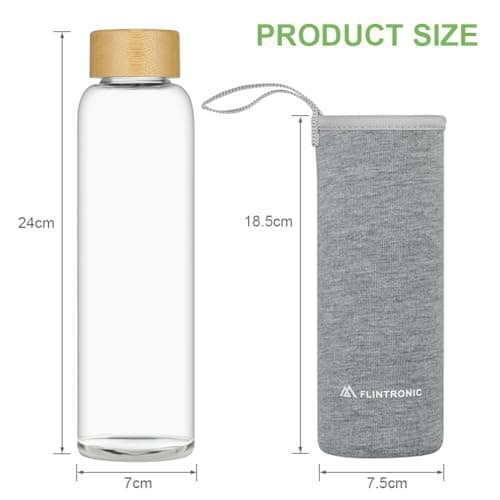 flintronic Glass Water Bottle, 550ml Borosilicate Water Bottle for Hot Cold Drinks, Leak Proof Glass Bottle with Protective Sleeves, Bamboo Lid Drink Bottle for Home Travel Sport (BPA-Free) — view 2