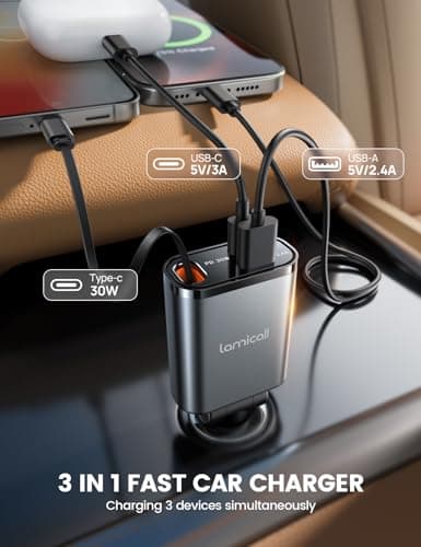 Lamicall 3 in 1 Retractable Car Charger Adapter -【2026 Ultra Compact】57W Cigarette Lighter USB Charger, Car Phone Charge with Retractable Type-C Cable/USB C/USB A, 12V/24V Socket for i-Phone, Android — view 5