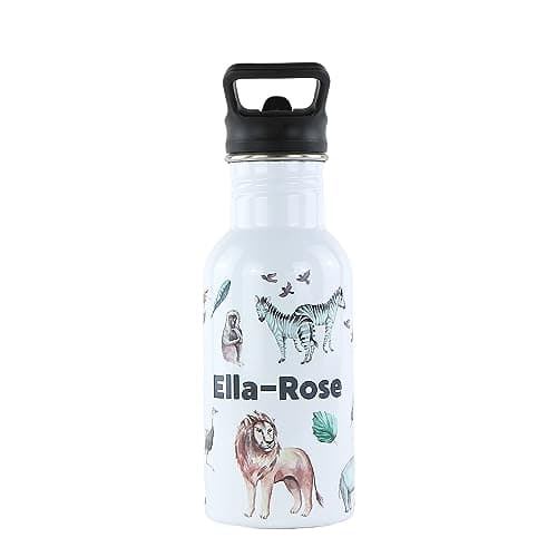 cribstar Personalised Kids Water Bottle - Stainless Steel - BPA Free - Leak Proof - Perfect for School, Sports, Holidays, Travel or anywhere. (Safari 1)