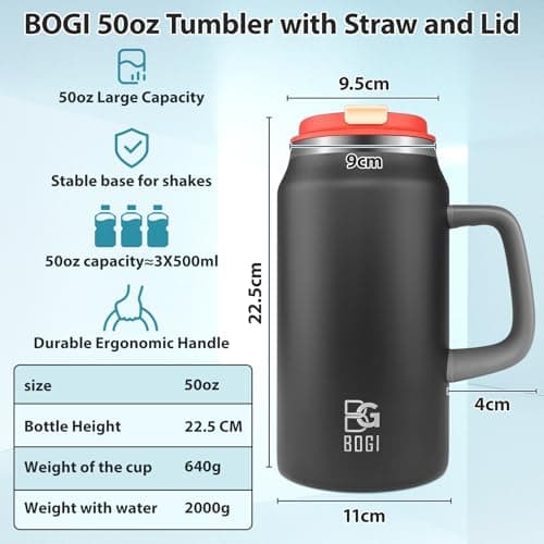 BOGI 50oz Tumbler with Straw and Lid,Large Capacity Travel Mug with Handle Insulated Stainless Steel Water Bottle Cup Keep Cold and Hot for Tea Coffee, Leak-Proof, BPA-Free, Non-Slip | Black — view 2