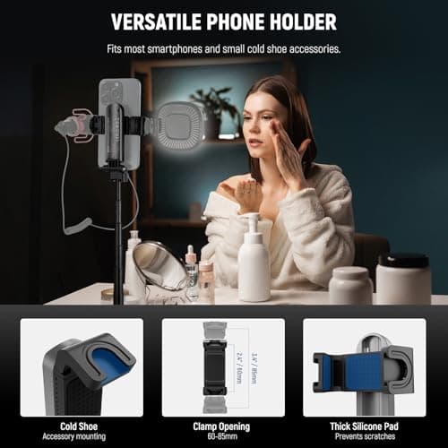 NEEWER Selfie Stick Tripod for iPhone, Lightweight Foldable Mini Travel 360° Desk Stand with Cell Phone Holder Cold Shoe for Video Recording Vlog Streaming, Remote Shutter & Cleaning Cloth, P15 Black — view 5