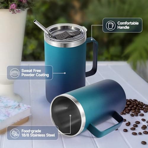 Volhoply 650ml (22oz) Insulated Coffee Mug with Lid and Straw, Stainless Steel Travel Mugs with Handle, Leak Proof Double Wall Coffee Cup for Hot and Cold Drinks (Dark Night,1 Pack) — view 4