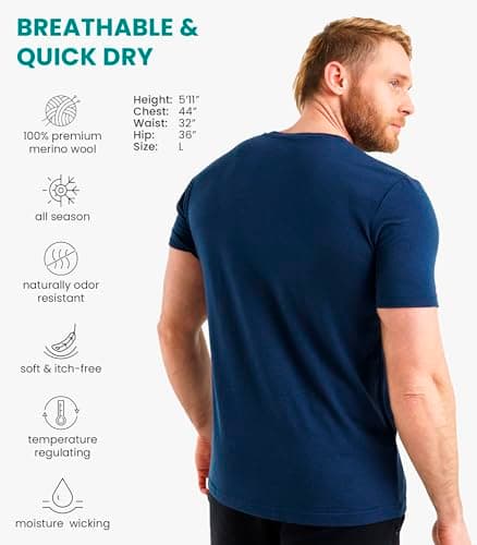 100% Merino Wool T Shirt Mens - Merino Wool Base Layer Men + Hiking Socks (Large, Navy) — view 2