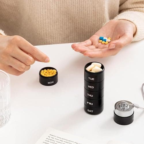 Metal Pill Organizer Weekly,Stackable Waterproof Travel Pill Box,Travel Hiking 7 Day Pill Box Case,Date Display,Large Compartment to Hold Pills, Vitamins,Fish Oil, Supplements (Blue) — view 5
