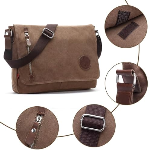 Classic Messenger Bags for Men Vintage Canvas Genuine Leather Ornamental Shoulder Bag Daily Commuting, Travelling, College Bag Flip Lid Design + Large Opening for Easy Access to Items at All Times — view 3