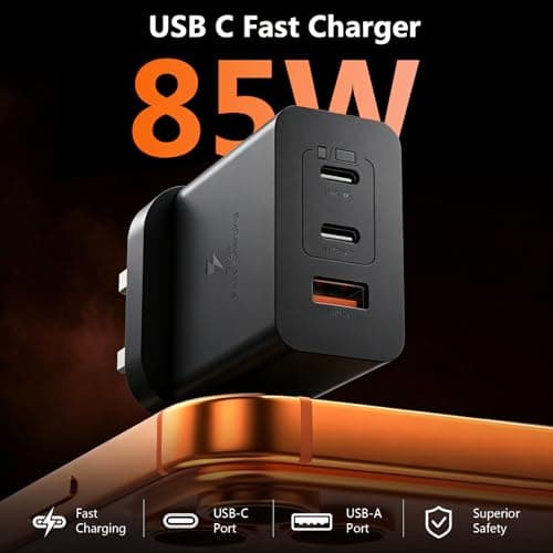 USB C Plug Fast Charge, 85W 3-Port GaN Fast Charging Plug with USB C to C & USB to USB C Cable 2M, Multiport PD Type C Charger Plug for MacBook Pro/iPhone 17 16 15 Pro Max/iPad/Samsung Galaxy,Black — view 2