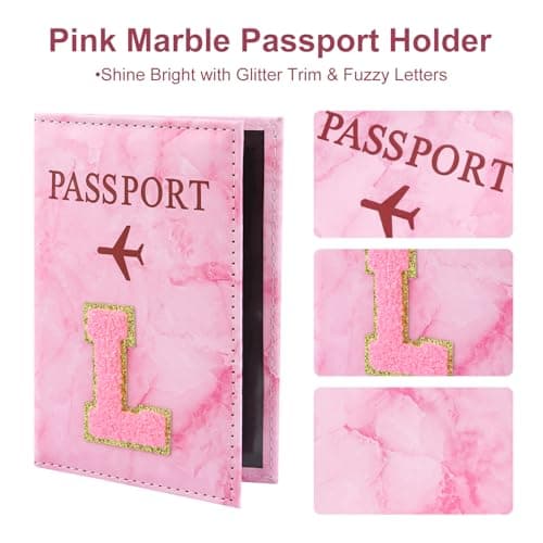 ILIYAH Personalized Initial Passport Holder – Pink Marble Chenille Letter, Waterproof PU Leather Passport Cover, Cute Travel Gift for Women and Girls — view 2