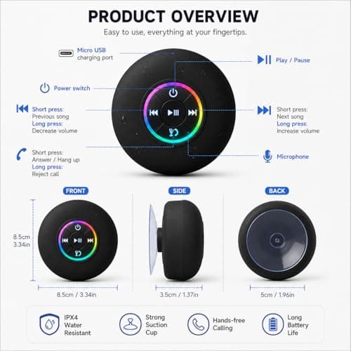 Bluetooth Shower Speaker with LED, Portable Wireless Mini Speaker (Green) — view 6