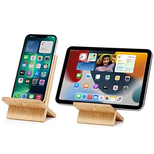 FadyDail Bamboo Mobile Phone Stand with Charging Hole, Detachable Wood Cell Phone Holder Desk Tablet Stand Wooden Desktop Dock Cradle for iPhone iPad and All Phones