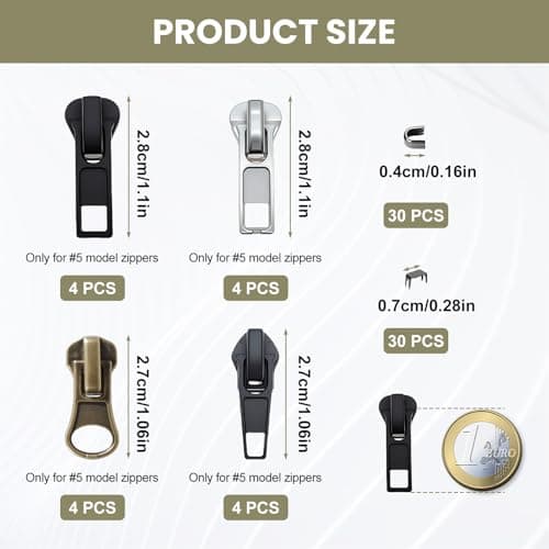 76 Pcs Zip Repair Kit, Universal Zipper Repair Kit, Zipper Pull Replacement Pull Accessories Size 5 with Top and Bottom Stops, for Jackets Clothes Bags Backpack Luggage (Black, Silver, Gold) — view 2