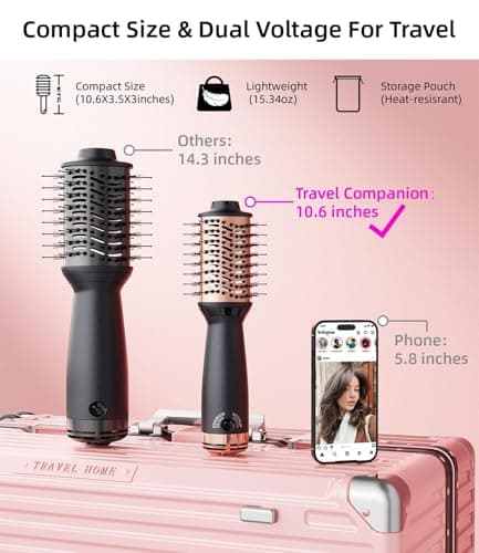 Travel Dual Voltage Hair Dryer Brush, Small Hot Air Brush for European Travel, Compact 2 Inch One Step Blowout and Volumizer Hair Blow Dryer with Oval Design, Rose Gold — view 3