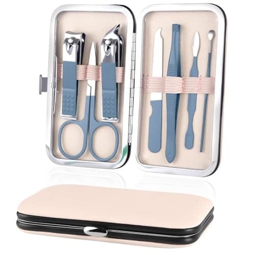 URAQT Professional Manicure Set, 7 pcs Portable Nail Clippers & Eyebrow Grooming Kit, Stainless Steel Nail Care Tools with Luxurious Leather Case for Travel & Home(Blue)