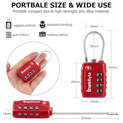 SharkByte TSA Suitcase Locks - 4-Dial Security Travel Combination Padlock, Flexible Wire Cable Travel Lock for Suitcases Luggage Case Travel Bag Gym Locker Code Small Padlock (Pack of 1) — view 4