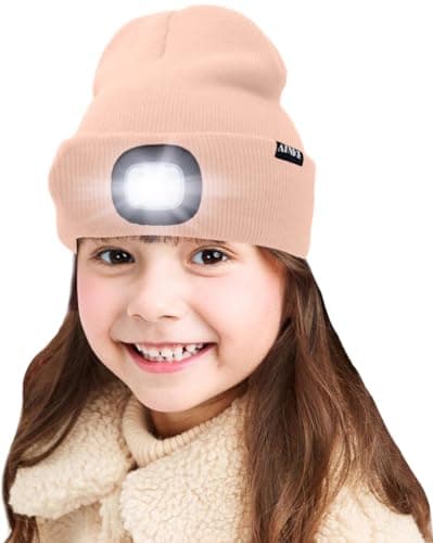 ATNKE Kids LED Lighted Beanie Cap, USB Rechargeable 4 LED Headlamp Waterproof Winter Warmer Knit Night Hats with Light for Boys Girls/Skin Pink