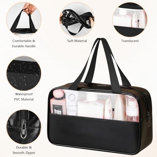 MOXYOY Clear Travel Toiletry Bag,Portable Makeup Bag Cosmetic Wash Bags,with Zippers Travel Essentials,PVC+PU Hanging Transparent Waterproof Bag,Vacation Bathroom Organizer,for Women and Men (Black) — view 3