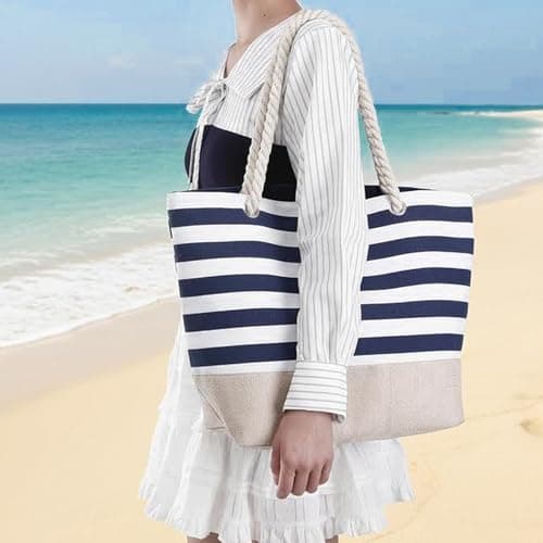 ViEinkaufen Waterproof Beach Bag,Navy Blue Beach Bags for Women with Zipper — view 3