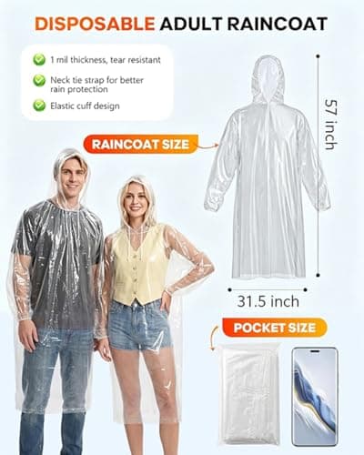 JXJIUA Rain Ponchos with Drawstring Hood Disposable Emergency Poncho for Adults, Men/Women Raincoats Clear, 6 Pack — view 2