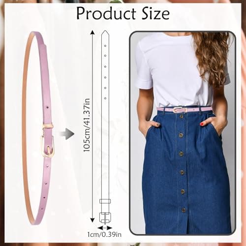 LECTNORE Women Skinny Leather Belt for Dresses Thin Waist Belt with Metal Buckle for Jeans Dress Pants(light-purple) — view 2