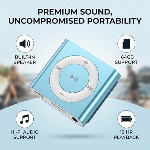 Cocoarm MP3 Player Aluminum Alloy Music Player with Built in Speaker 64GB Card Support HiFi Sound 18 Hour Playback 3.5mm Earphones for Students Running Travel (Light Blue) — view 2